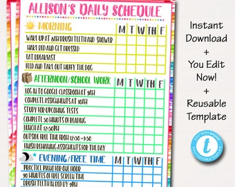 May include: A printable daily schedule template for kids with a colorful rainbow background. The template is titled "Allison's Daily Schedule" and includes sections for morning, afternoon/school work, and evening/free time. Each section has a checklist for each day of the week, Monday through Friday.