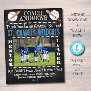 EDITABLE Baseball Coach Gift, Coach Award, Softball Team Gift, End of Season Baseball Party, Custom Best Coach Gift Softball Photo Printable