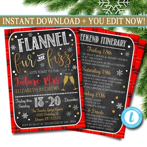 EDITABLE Flannel Fur & Fizz Xmas Bachelorette Party Invitation, Christmas Party Invite, Girls Winter Weekend Invitation, INSTANT DOWNLOAD