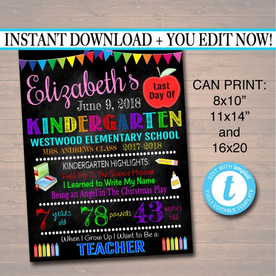 EDITABLE Last Day of School Photo Prop Last Day of School Chalkboard Poster DIY Instant Download Kindergarten Graduation, End of School Year Il_570xn