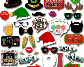 Printable Ugly Sweater Photo Booth Props, Selfie Station Grab a Prop Christmas Decor, Printable Art INSTANT DOWNLOAD Xmas Ugly Sweater Party