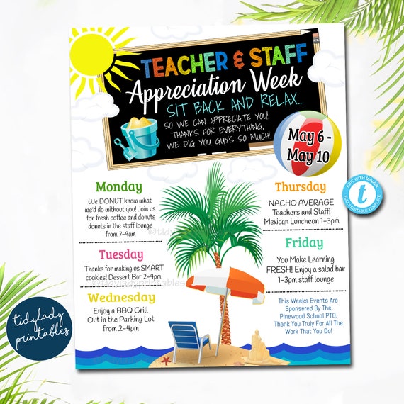 EDITABLE Beach Themed Teacher Appreciation Week Itinerary Coastal Sea