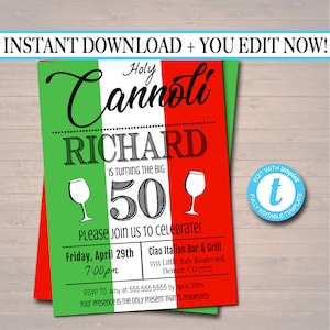 Editierbare Italienische Party Einladung Heilige Connoli Geburtstag Einladung, Ruhestand Einladung italienische Dinner Party, Erwachsene Geburtstag jedes Alter druckbar
