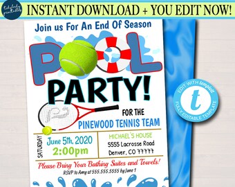 May include: A blue and white pool party invitation with a tennis racket, tennis ball, and a life preserver. The invitation is for the Pinewood Tennis Team and includes the date, time, and location of the party. It also says "Please bring your bathing suits and towels!"