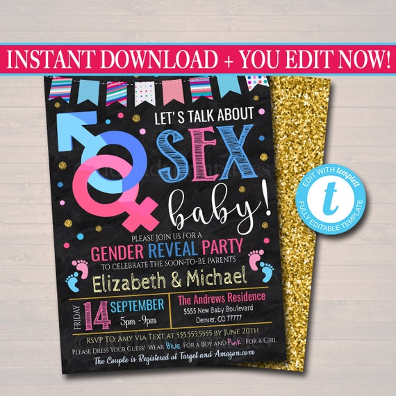 EDITABLE Gender Reveal Party Invitation, Baby Sprinkle, Coed Couples Baby Shower Let's Talk About Sex Baby Funny Invite, Team Pink Team Blue by TidyLady Printables | Catch My Party EDITABLE Gender Reveal Party Invitation, Baby Sprinkle, Coed Couples Baby Shower Let's Talk About Sex Baby Funny Invite, Team Pink Team Blue by TidyLady Printables | Catch My Party