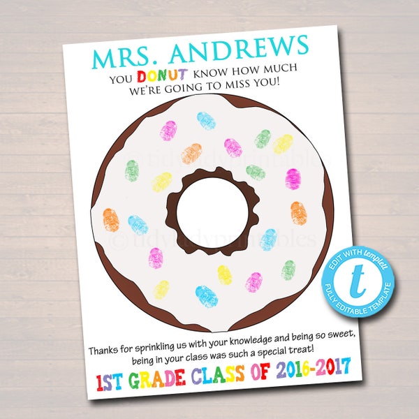 EDITABLE Teacher Gift, Personalized Printable Class Thumbprint Donut Art, Teacher Thumbprint Tree, Teacher Appreciation Week, Teacher Gifts