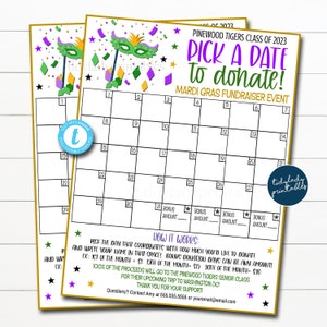 Mardi Gras Fundraiser Calendar, Pick a Date to Donate February Winter Sponsership Membership Donation Signup Printable Handout Form EDITABLE