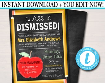 Editable Teacher Retirement Invitation Chalkboard Printable Digital Teacher Invite Retirement Party, School's out Forever Class is Dismissed