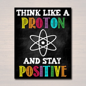 Science Classroom Printable Poster Art, Science Class Lab Quote Decor, Classroom Sign Think Like a Proton Stay Positive Science Teacher Gift