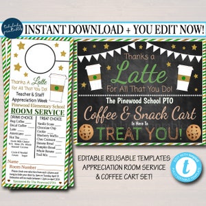 EDITIERBAR Kaffeewagen und Room Service Türhänger, SOFORTIGER DOWNLOAD, Lehrer und Mitarbeiter Anerkennung, druckbar Dank einer Latte School Pto Pta