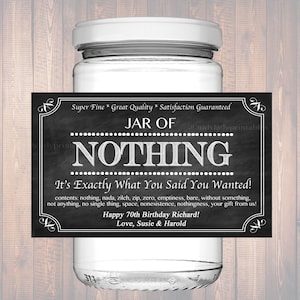 Editable Jar Of Nothing Label, Chalkboard Label Personalized Gag Gift Holiday Gift, Christmas Gift, Birthday Gift, Retirement Gift Printable