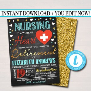 Editable Nurse Retirement Invitation Chalkboard Printable Digital Teacher Invite Retirement Party, RN, Doctor, Nursing is a Work of Heart