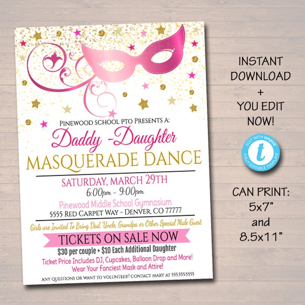 EDITABLE ANY COLOR Masquerade Daddy Daughter Dance Flyer, Printable Invitation Masquerade Ball, Quincenera Ball, Pto, Pta Instant Download