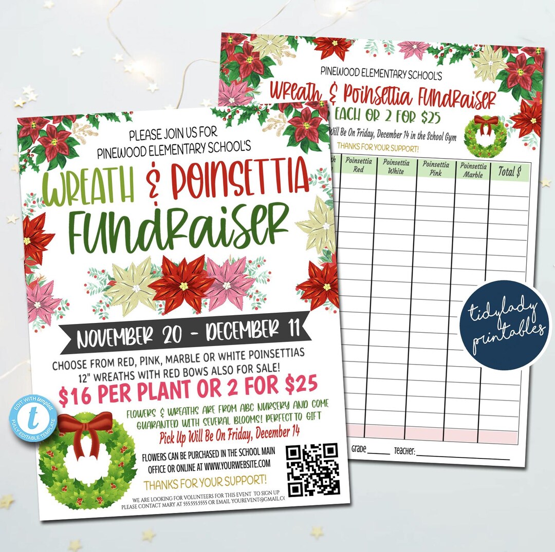 Wreath and Poinsettia Fundraiser Flyer & Order Form Template Set ...
