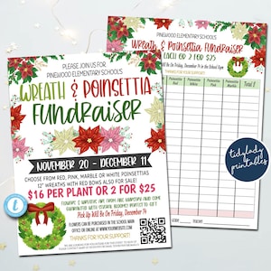 Op de afbeelding: Twee flyers voor een inzamelingsactie voor kransen en poinsettia's van de Pinewood Elementary School. De hoofdflyer heeft groene en rode tekst, met poinsettia- en kransafbeeldingen. De tweede flyer is een bestelformulier. De inzamelingsactie loopt van 20 november tot 11 december.
