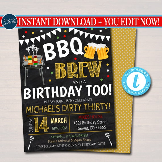BBQ and Beer Birthday Invitation, Adult Surprise Party, Brew Chalkboard Printable, Man's Grill Out Backyard Party Invite, EDITABLE TEMPLATE Il_570xn