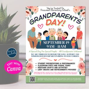 EDITABLE Grandparents Day Invite Breakfast Social Printable PTA PTO Flyer School Fundraiser Poster, Family Party School Invitation, Canva