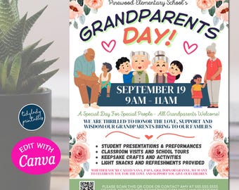 Grandparents Day School Event Flyer: Editable Canva Template (Digital Download)