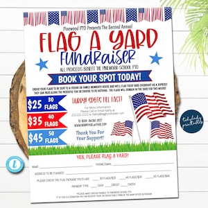Peut inclure: Une affiche rouge, blanche et bleue pour une collecte de fonds de drapeaux. L'affiche présente une étoile rouge, blanche et bleue et le texte "FLAG A YARD FUNDRAISER". L'affiche comprend également une liste de prix pour différents forfaits de drapeaux. Le texte "BOOK YOUR SPOT TODAY!" est en gras.
