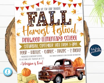 Op de afbeelding: Een kleurrijke uitnodiging voor een herfstfestival op Pinewood Elementary School. De uitnodiging toont een vintage rode vrachtwagen met pompoenen en hooibalen, samen met een banner met de tekst "Doe mee met ons jaarlijkse herfstfestival". Het evenement is gepland voor zaterdag 14 september van 13:00 tot 20:00 uur. De tekst bevat ook "Eten - Loterij - Spellen - Prijzen - en meer!" en "Toegang is gratis!"