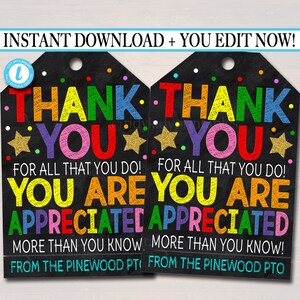 Thank You Gift Tags, Teacher Staff Employee Nurse Volunteer Staff Appreciation Week, You&#39;re a Star, School pto pta, Editable Template