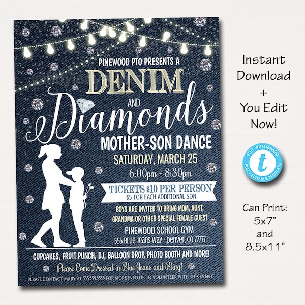 Mother Son Dance, Denim and Diamonds Blue Jeans and Bling Theme, School Pto Pta, Church Fundraiser Flyer Invite Event EDITABLE TEMPLATE