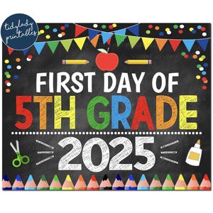 Premier jour de la 5e année 2025, panneau imprimable pour la rentrée des classes, confettis garçon couleurs primaires, 5e année téléchargement numérique