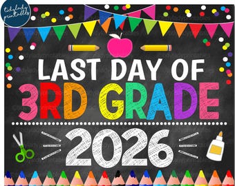 Last Day of 3rd Grade 2026 School Sign: Rainbow Confetti Chalkboard (Digital Download)