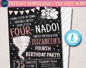 Tornado Birthday Party Invitation, Storm Chaser Fourth Birthday Four-nado Kids Party, Girls Twister Birthday Invite, DIY EDITABLE Template Il_170x135
