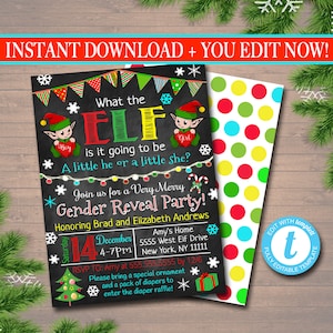Weihnachten Gender Reveal Party Einladung, Holiday Baby Shower Invite, What the Elf is it Going to Be, Santa Baby, INSTANT DOWNLOAD Editable