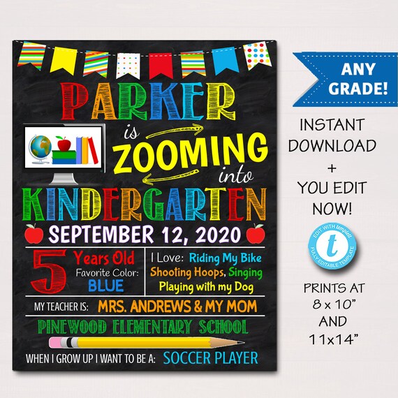 First Day Of Virtual School, Back to School, Chalkboard Poster Quarantine, Zooming into Any Grade Sign, 1st Day of School Editable Template Il_570xn
