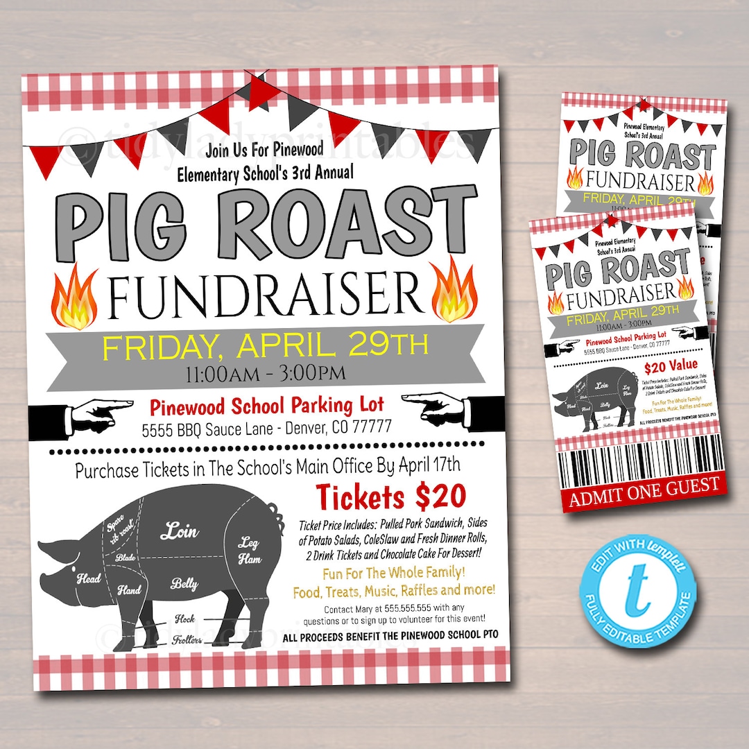 Pig Roast Fundraiser Flyer Ticket Poster Set: Editable BBQ Benefit ...