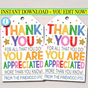 Thank You Gift Tags, Teacher Staff Employee Nurse Volunteer Staff Appreciation Week, You&#39;re a Star, School pto pta, Editable Template