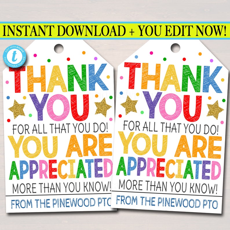 Thank You Gift Tags, Teacher Staff Employee Nurse Volunteer Staff Appreciation Week, You're a Star, School pto pta, Editable Template image 1