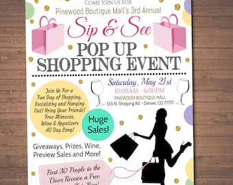 May include: A colorful invitation for a pop-up shopping event at Pinewood Boutique Mall. The event is on Saturday, May 21st from 10:00 AM to 6:00 PM. The invitation features a silhouette of a woman shopping with a wine glass and the text "Sip & See".