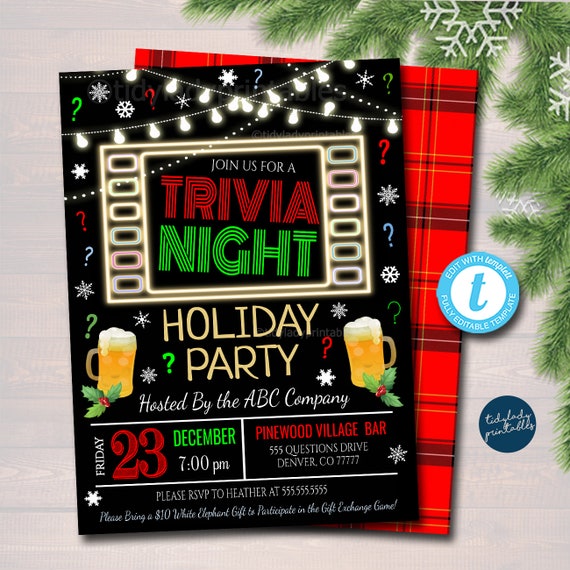 Christmas Trivia Night Party Invitation, Holiday Work Party Cocktail Invitation, Adult Xmas Happy Hour Bar Invitation, EDITABLE TEMPLATE - Etsy