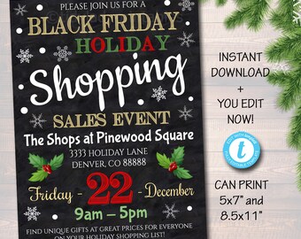 Puede incluir: Un letrero negro de pizarra con copos de nieve blancos y un diseño de acebo rojo y verde. El letrero anuncia un evento de ventas de compras navideñas del Black Friday en The Shops at Pinewood Square el viernes 22 de diciembre de 9am a 5pm. La dirección es 3333 Holiday Lane, Denver, CO 88888.