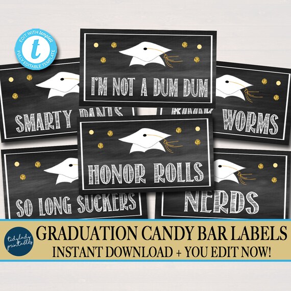Editable Graduation Food Tent Labels, Printable Party Decor, Graduation Candy Bar Sweet Signs, Gold Black Party Invite, INSTANT DOWNLOAD Il_570xn