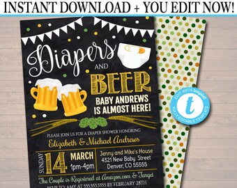 May include: A chalkboard style invitation for a diaper and beer baby shower. The invitation is decorated with green and yellow accents and features a beer mug, a diaper, and the text "Diapers and Beer Baby Andrews is almost here!" The invitation also includes the date, time, and location of the shower, as well as the couple's registry information.