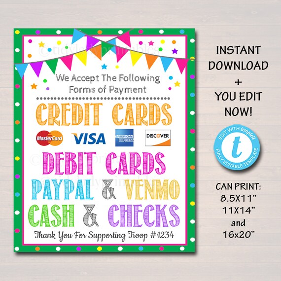 EDITABLE Credit Card Sign, Fundraising Booth, Bake Sale, Cookie Booth Sign We Accept Credit Cards Scouts Cookie Banner, Cookie Booth Poster Il_570xn