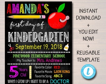 May include: A colorful chalkboard sign for a child's first day of kindergarten. The sign features the child's name, Amanda, the date September 19, 2018, and information about the child's school, teacher, age, favorite color, movie, song, and future career. The sign is decorated with a red apple, a pencil, scissors, and glue.