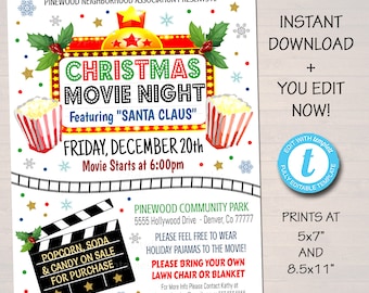 編集可能なクリスマス映画ナイトのチラシ：学校教会イベント（デジタルダウンロード）