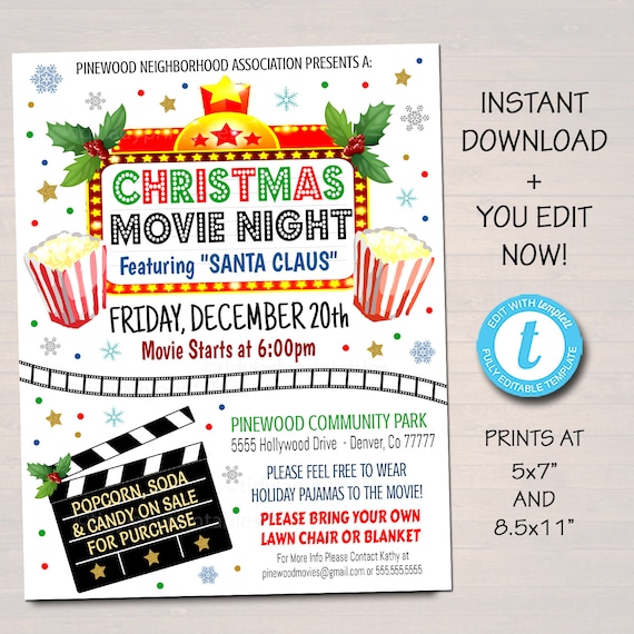 EDITABLE Christmas Movie Night Flyer, Printable PTA PTO Flyer Xmas School Church Benefit Fundraiser Event Poster Digital Cinema Party Invite Il_570xn