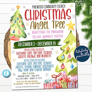 May include: A Christmas Angel Tree flyer with a watercolor illustration of a Christmas tree. The flyer advertises a donation drive for the Pinewood Village Women's Shelter. The flyer states that the donation drive will take place from December 2nd to December 19th. The flyer lists needed items for adults and children. The flyer includes the address for drop-off donations. The flyer includes the text "Contact Mary at 555.555.555 with any questions."