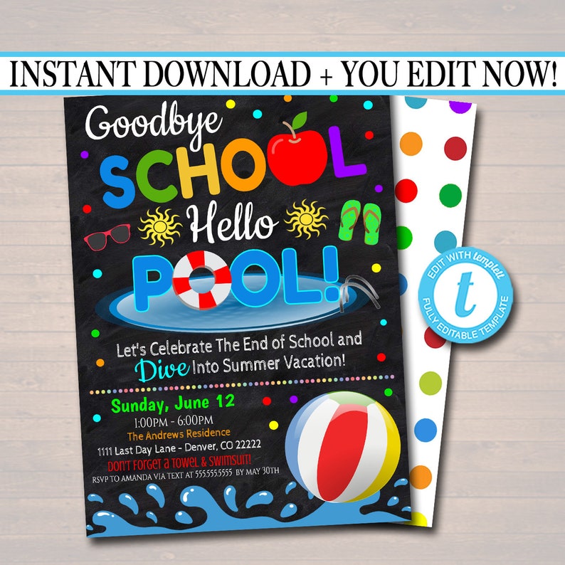 EDITABLE End of School Pool Party Invitation, Printable Digital Invite, Goodbye School Hello Pool Party, Backyard bbq Invite, Splish Splash image 1