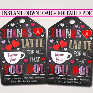 Merci un Latte Valentine's Day Coffee Gift Tags, Staff Teacher Volunteer Appreciation Printable Editable Valentines Label, INSTANT DOWNLOAD
