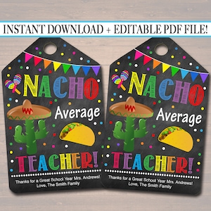 EDITABLE Nacho Average Teacher Appreciation Favor Gift Tags, Mexican Themed Teacher Staff Appreciation, Editable Pdf File, INSTANT DOWNLOAD