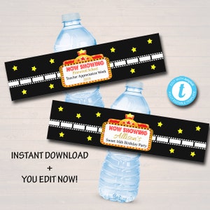 EDITABLE Movie Party Water Bottle Labels & VIP Hollywood Party Water Bottle Labels, Birthday Cinema Printable Decor, Red Carpet Theme Party
