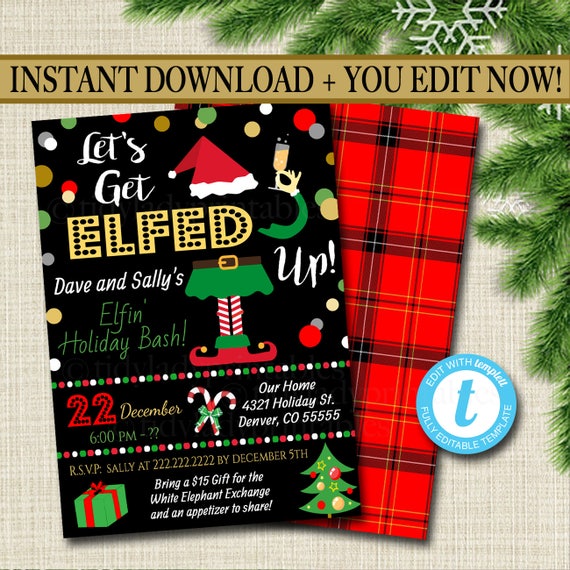 Let's Get Elfed Up Christmas Invitation, Holiday Party Invite, Holiday Party Invite Adult Xmas Party, Holiday Ugly Sweater Editable Template Il_570xn