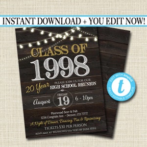 May include: A rustic wood-grain background with a white and gold invitation for a 20-year high school reunion for the class of 1998. The invitation includes the date, time, and location of the event. It also states that tickets are $30 per person.